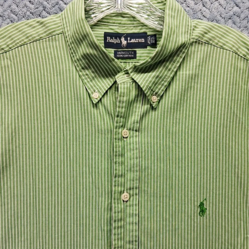 Ralph Lauren Yarmouth Mens 17.5 Green Striped 36/37 Button Down Shirt Preppy